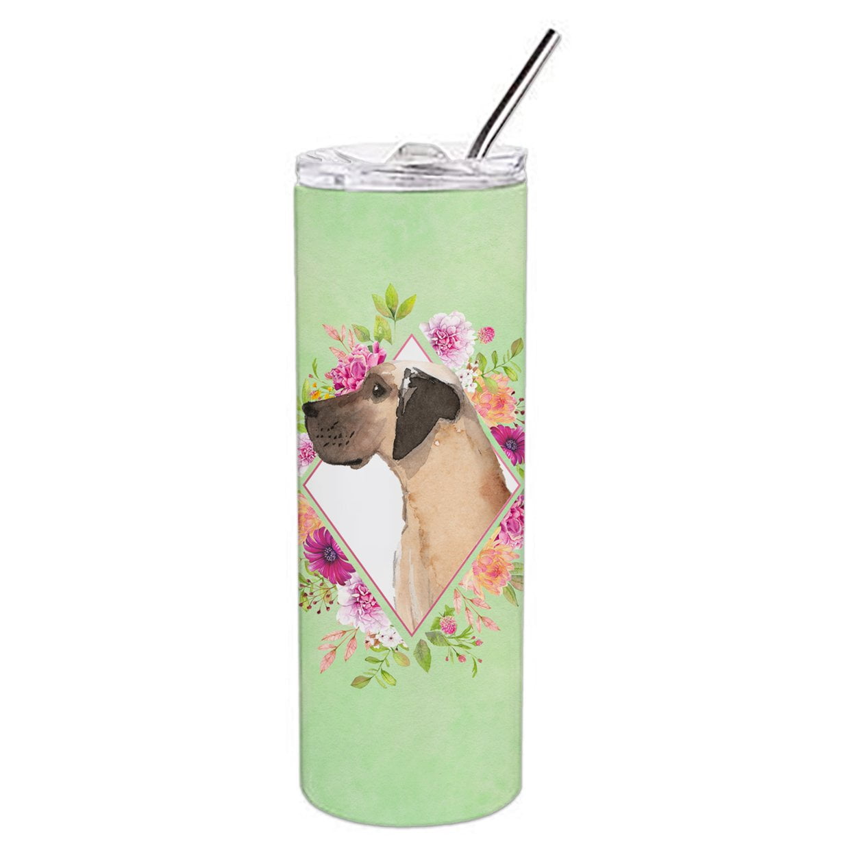 Picture of Carolines Treasures CK4394TBL20 20 oz Fawn Great Dane Green Flowers Double Walled Stainless Steel Skinny Tumbler