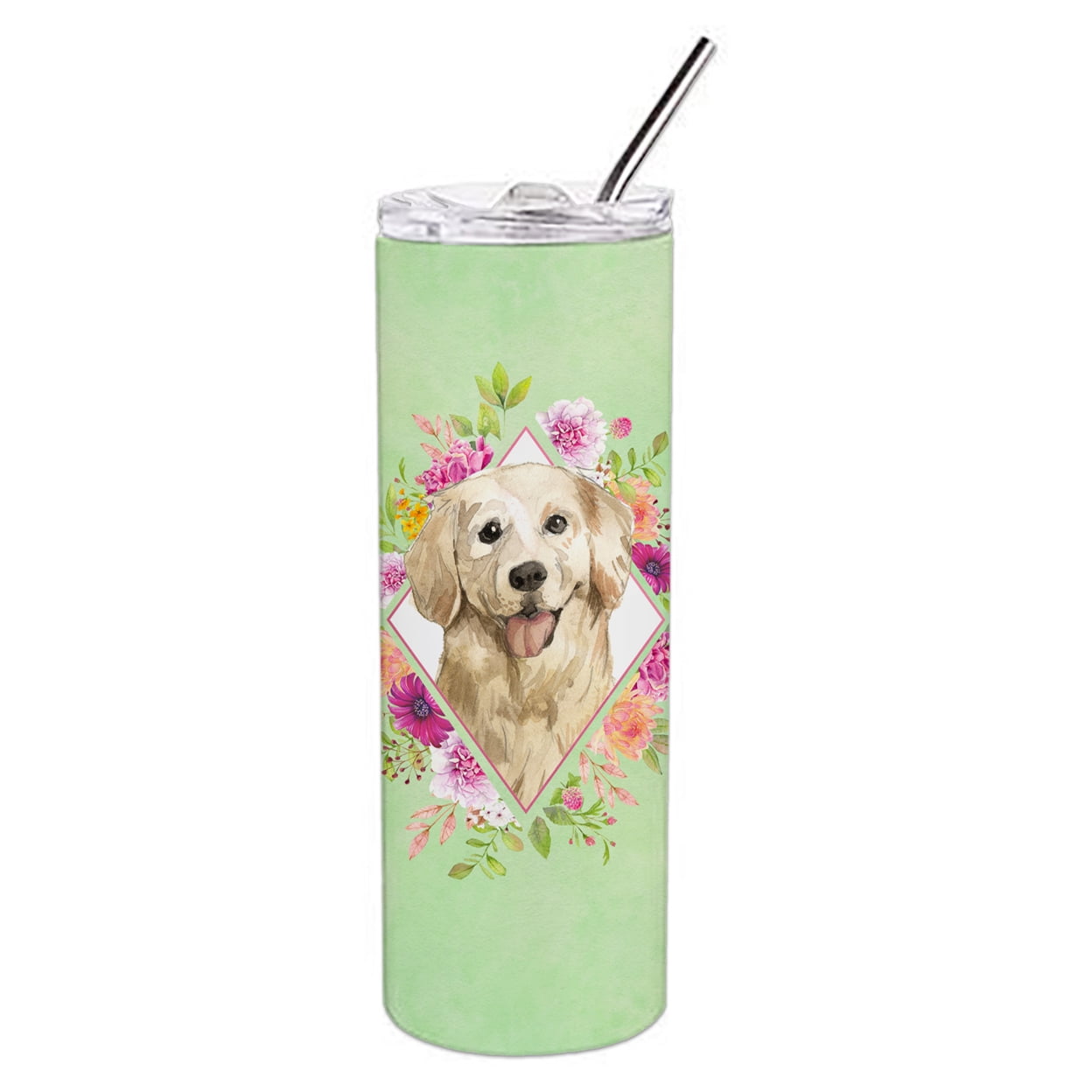 Picture of Carolines Treasures CK4395TBL20 20 oz Golden Retriever Green Flowers Double Walled Stainless Steel Skinny Tumbler