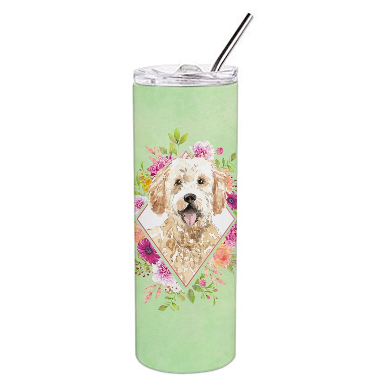 Picture of Carolines Treasures CK4396TBL20 20 oz Goldendoodle Green Flowers Double Walled Stainless Steel Skinny Tumbler