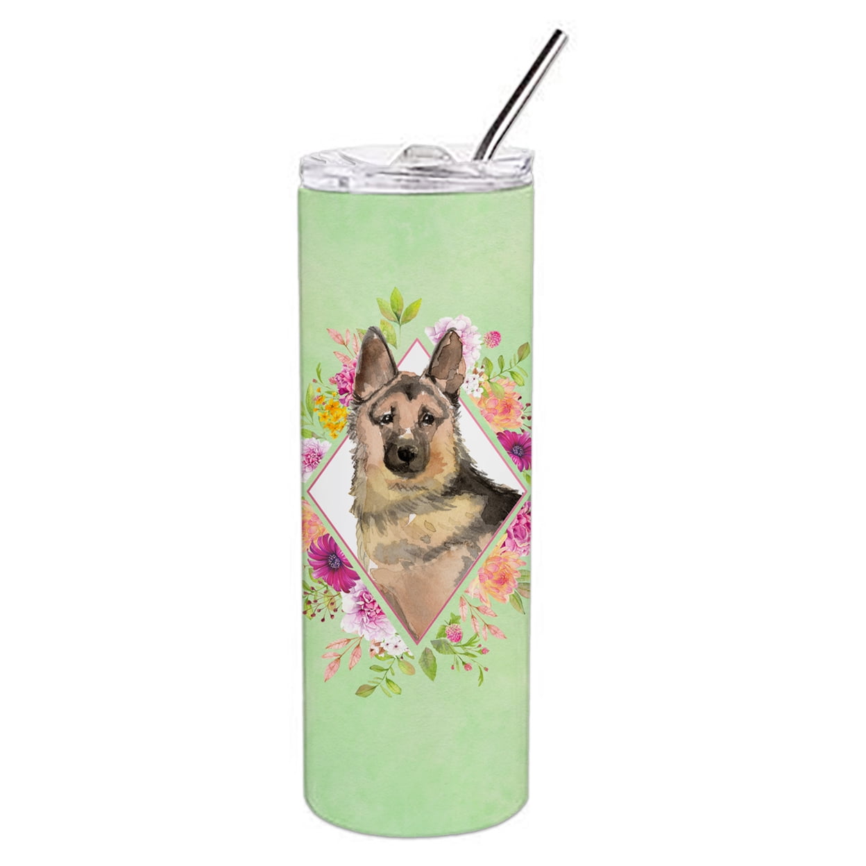 Picture of Carolines Treasures CK4397TBL20 20 oz German Shepherd Green Flowers Double Walled Stainless Steel Skinny Tumbler