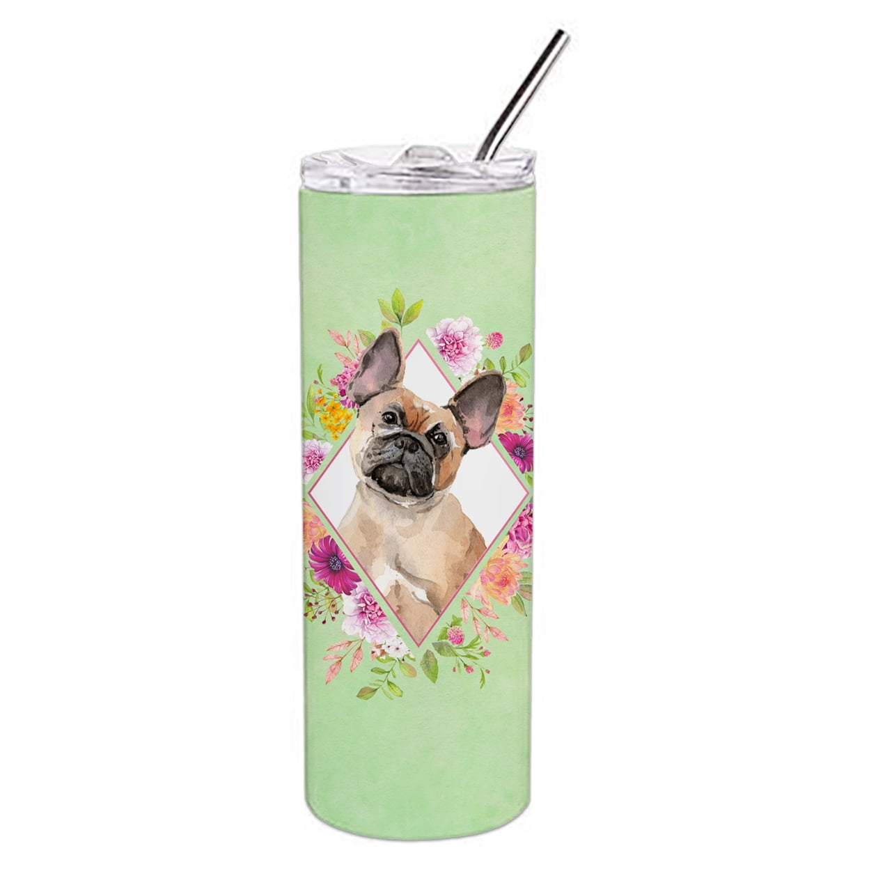 Picture of Carolines Treasures CK4398TBL20 20 oz Fawn French Bulldog Green Flowers Double Walled Stainless Steel Skinny Tumbler