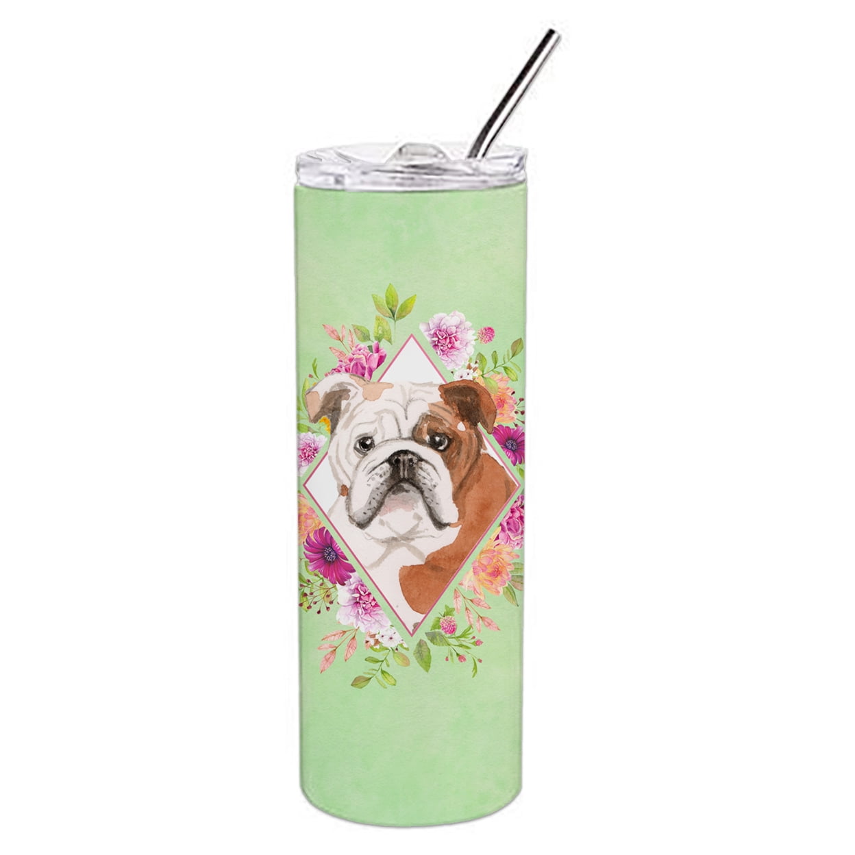 Picture of Carolines Treasures CK4400TBL20 20 oz English Bulldog Green Flowers Double Walled Stainless Steel Skinny Tumbler
