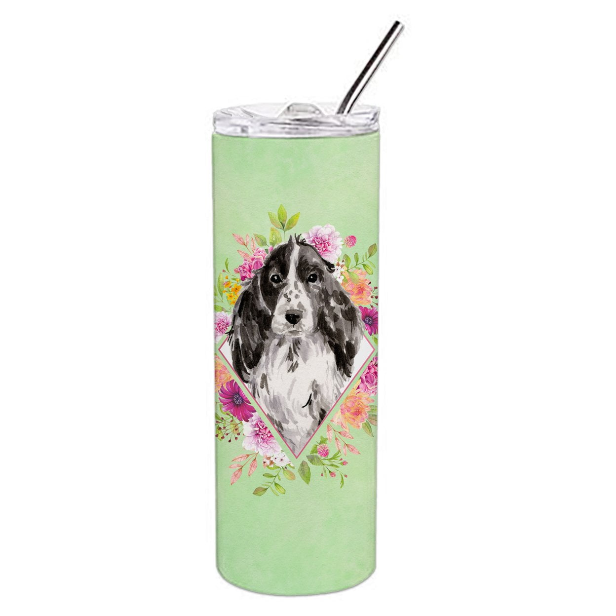 Picture of Carolines Treasures CK4404TBL20 20 oz Black Parti Cocker Spaniel Green Flowers Double Walled Stainless Steel Skinny Tumbler