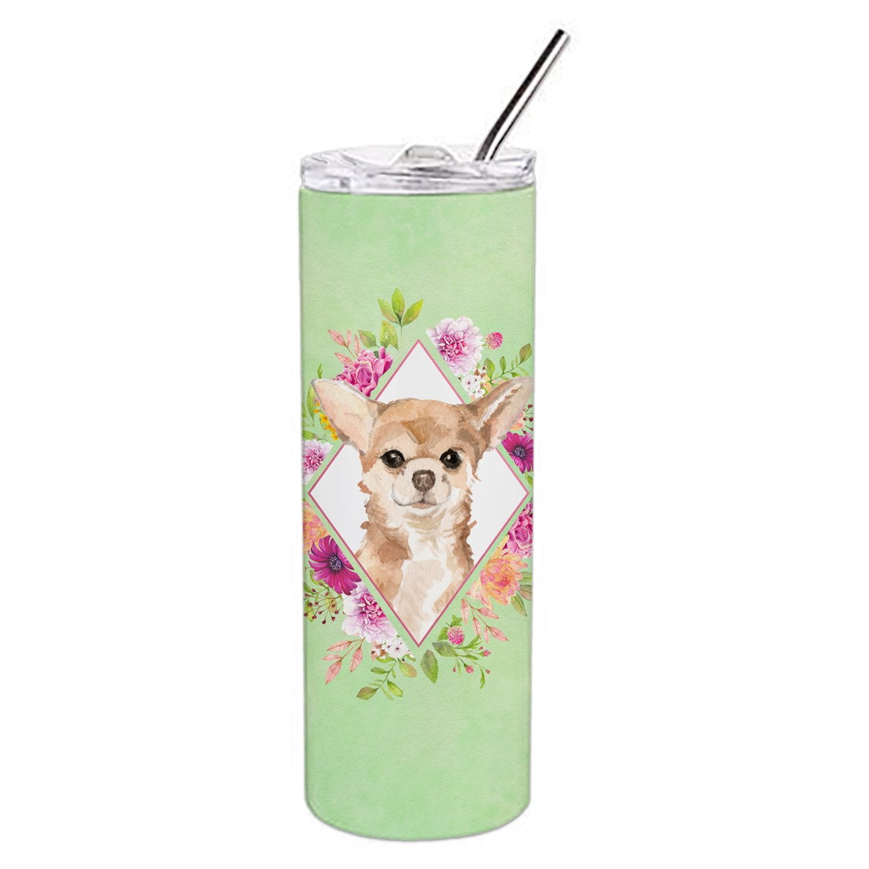 Picture of Carolines Treasures CK4405TBL20 20 oz Chihuahua Green Flowers Double Walled Stainless Steel Skinny Tumbler