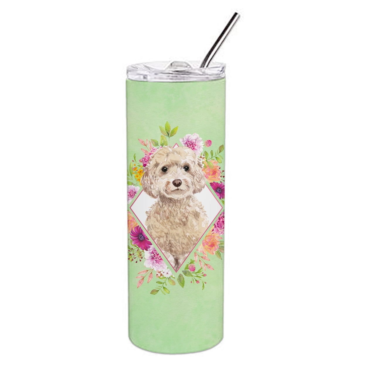 Picture of Carolines Treasures CK4406TBL20 20 oz Champagne Cockapoo Green Flowers Double Walled Stainless Steel Skinny Tumbler