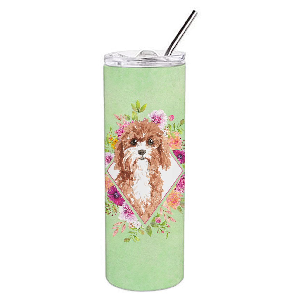 Picture of Carolines Treasures CK4407TBL20 20 oz Cavapoo Green Flowers Double Walled Stainless Steel Skinny Tumbler