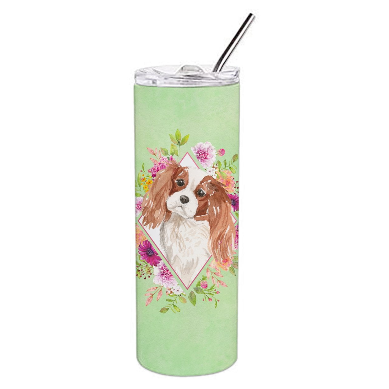Picture of Carolines Treasures CK4408TBL20 20 oz Blenheim Cavalier Spaniel Green Flowers Double Walled Stainless Steel Skinny Tumbler