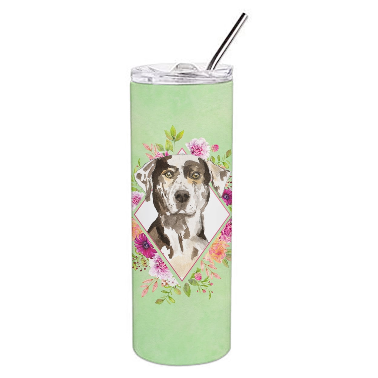 Picture of Carolines Treasures CK4409TBL20 20 oz Catahoula Leopard Dog Green Flowers Double Walled Stainless Steel Skinny Tumbler