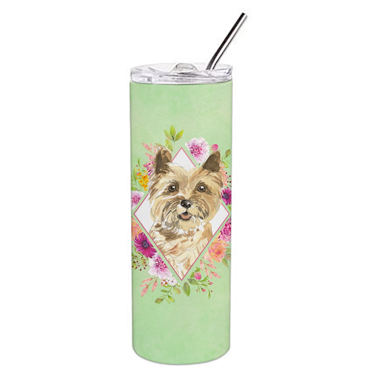 Picture of Carolines Treasures CK4410TBL20 20 oz Cairn Terrier Green Flowers Double Walled Stainless Steel Skinny Tumbler