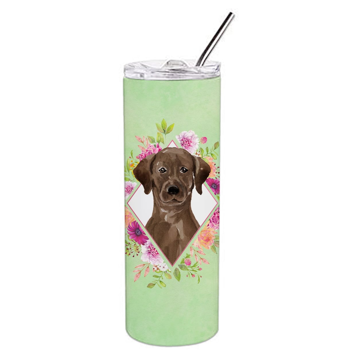 Picture of Carolines Treasures CK4411TBL20 20 oz Chocolate Labrador Green Flowers Double Walled Stainless Steel Skinny Tumbler
