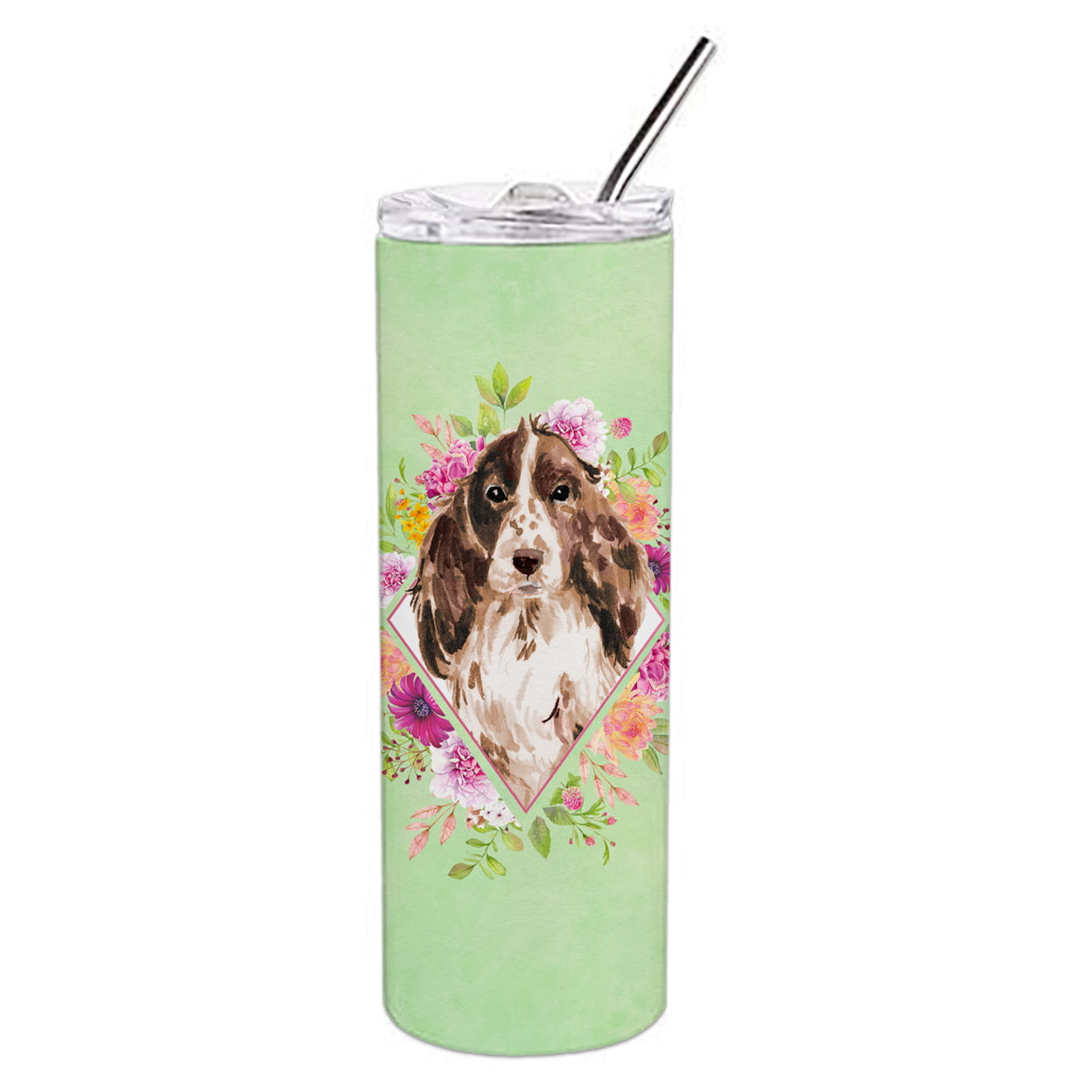 Picture of Carolines Treasures CK4412TBL20 20 oz Brown Parti Cocker Spaniel Green Flowers Double Walled Stainless Steel Skinny Tumbler