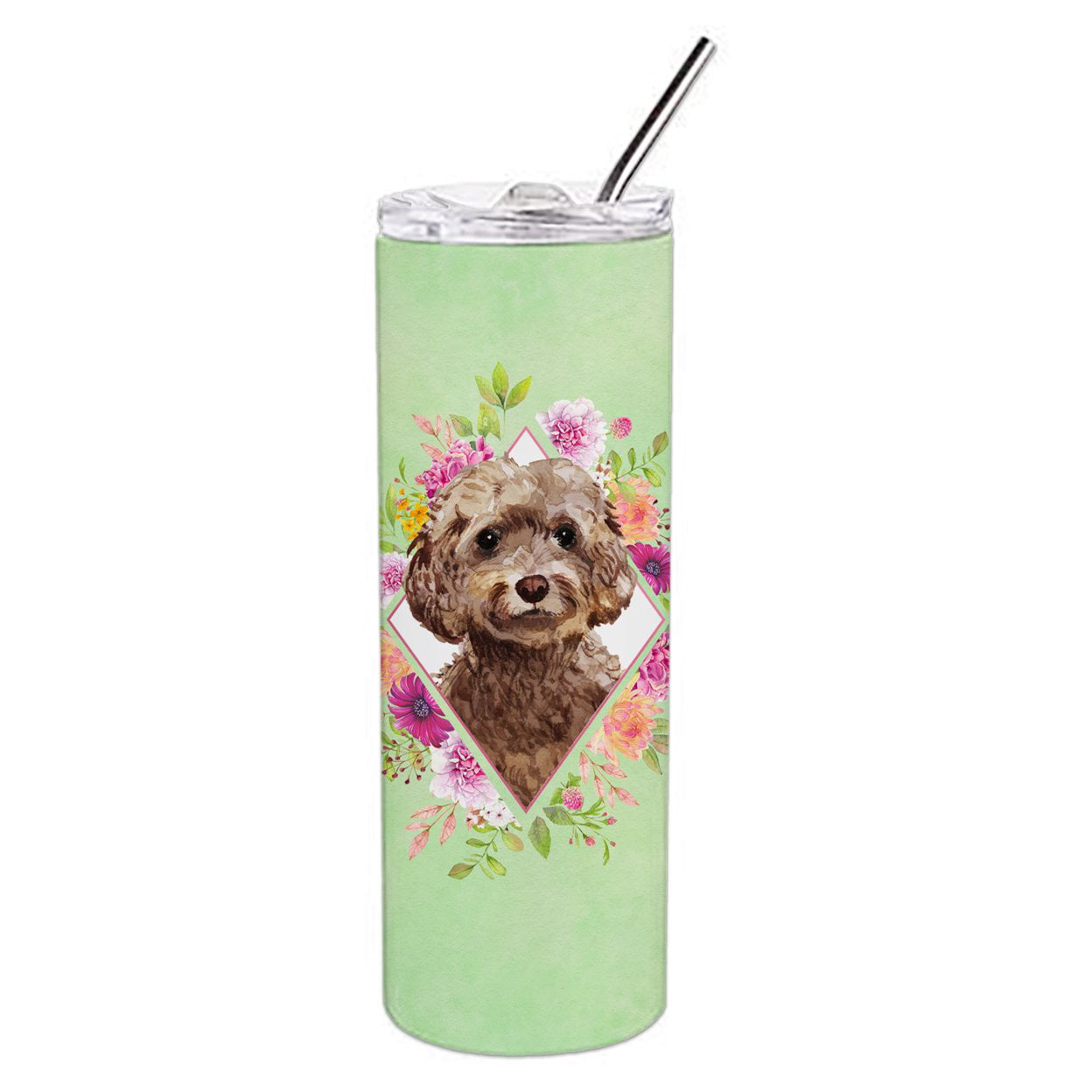 Picture of Carolines Treasures CK4413TBL20 20 oz Chocolate Cockapoo Green Flowers Double Walled Stainless Steel Skinny Tumbler