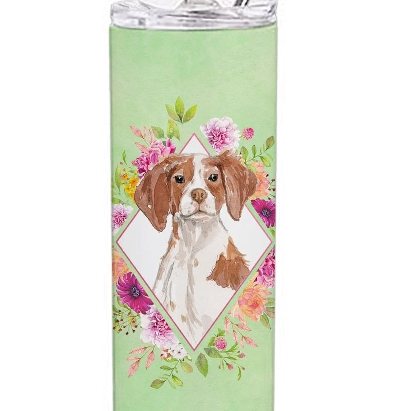 Picture of Carolines Treasures CK4414TBL20 20 oz Brittany Spaniel Green Flowers Double Walled Stainless Steel Skinny Tumbler