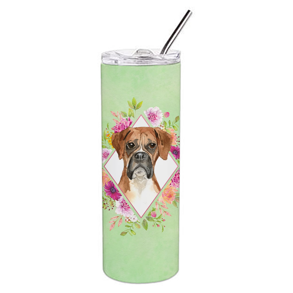 Picture of Carolines Treasures CK4415TBL20 20 oz Boxer Green Flowers Double Walled Stainless Steel Skinny Tumbler