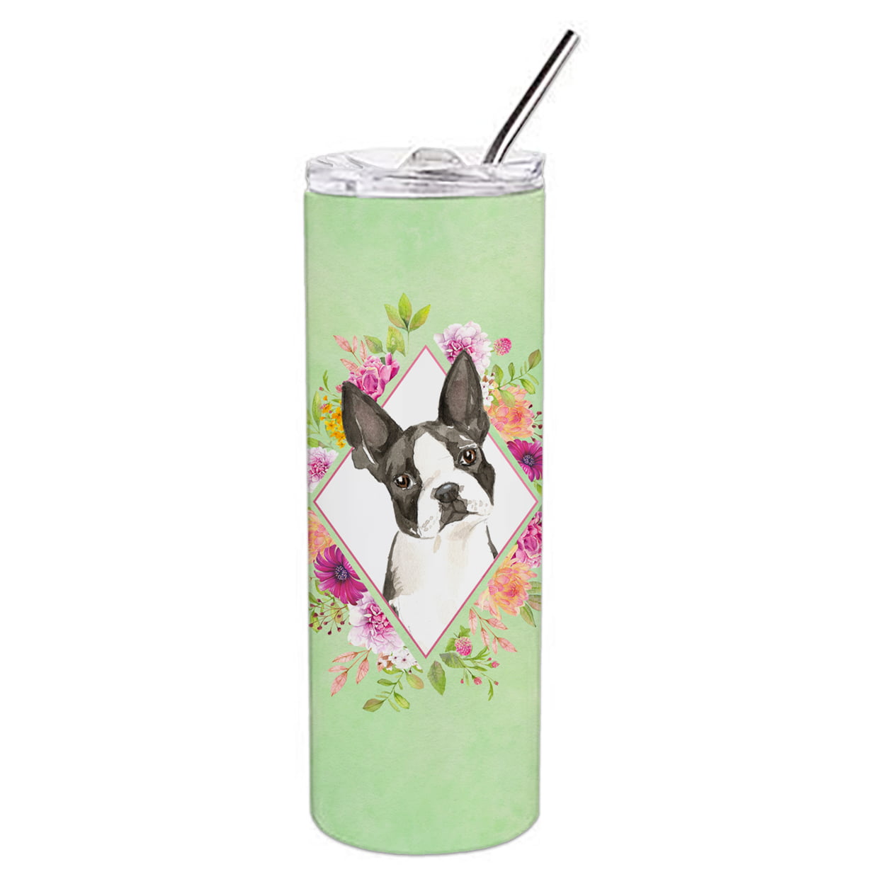 Picture of Carolines Treasures CK4417TBL20 20 oz Boston Terrier Green Flowers Double Walled Stainless Steel Skinny Tumbler
