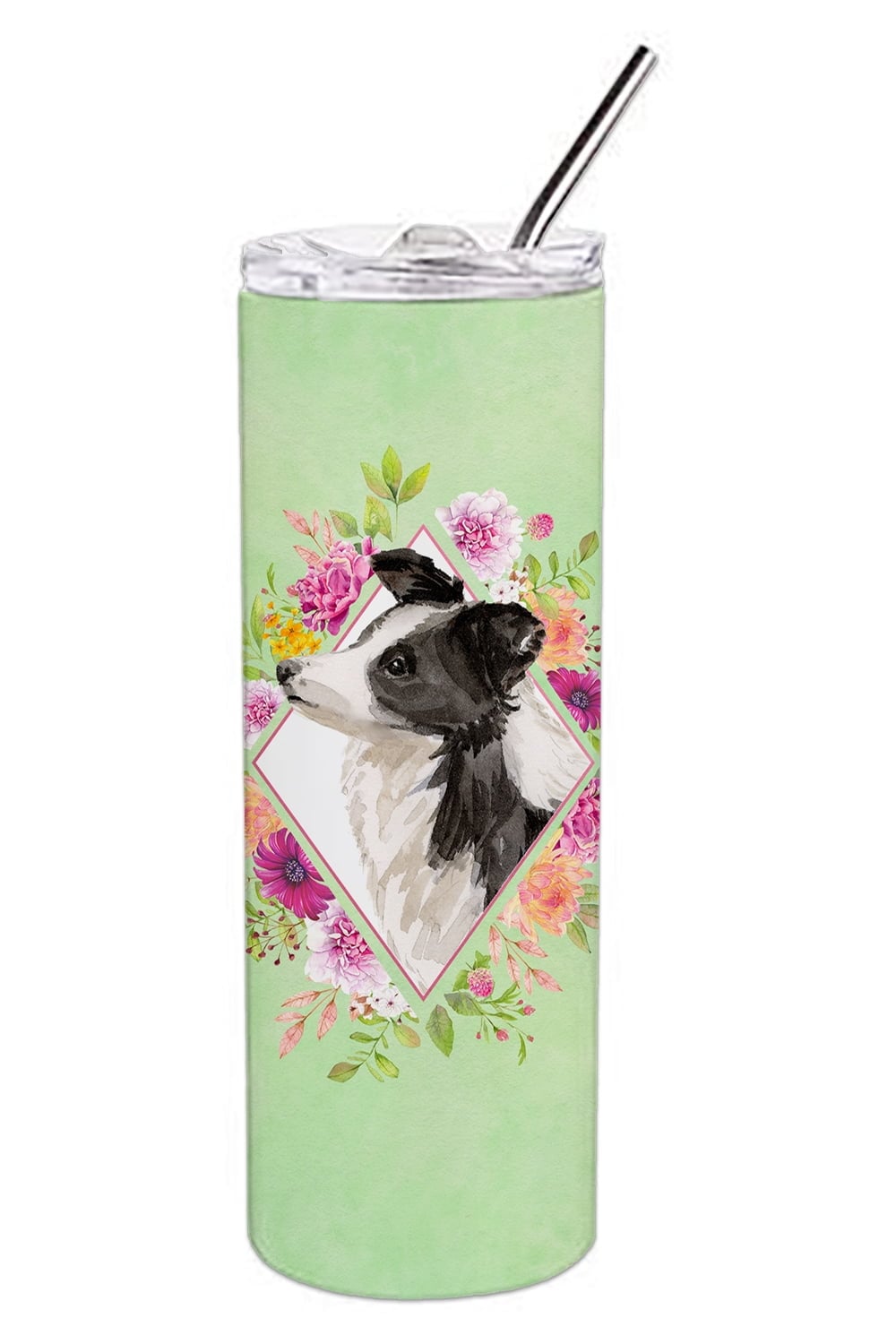 Picture of Carolines Treasures CK4418TBL20 20 oz Border Collie Green Flowers Double Walled Stainless Steel Skinny Tumbler