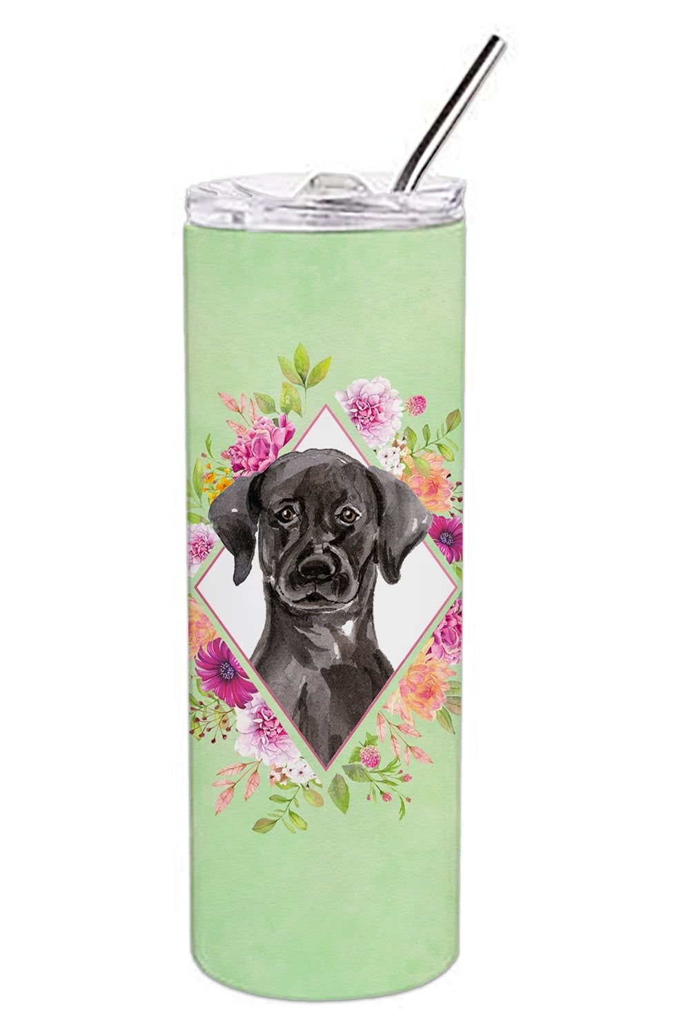 Picture of Carolines Treasures CK4421TBL20 20 oz Black Labrador Green Flowers Double Walled Stainless Steel Skinny Tumbler