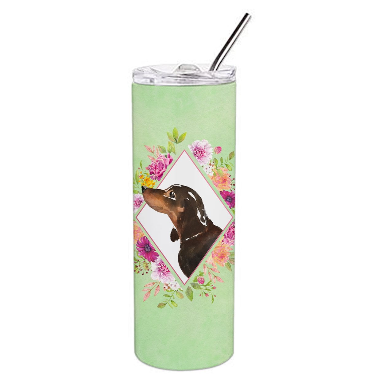 Picture of Carolines Treasures CK4422TBL20 20 oz Black & Tan Dachshund Green Flowers Double Walled Stainless Steel Skinny Tumbler