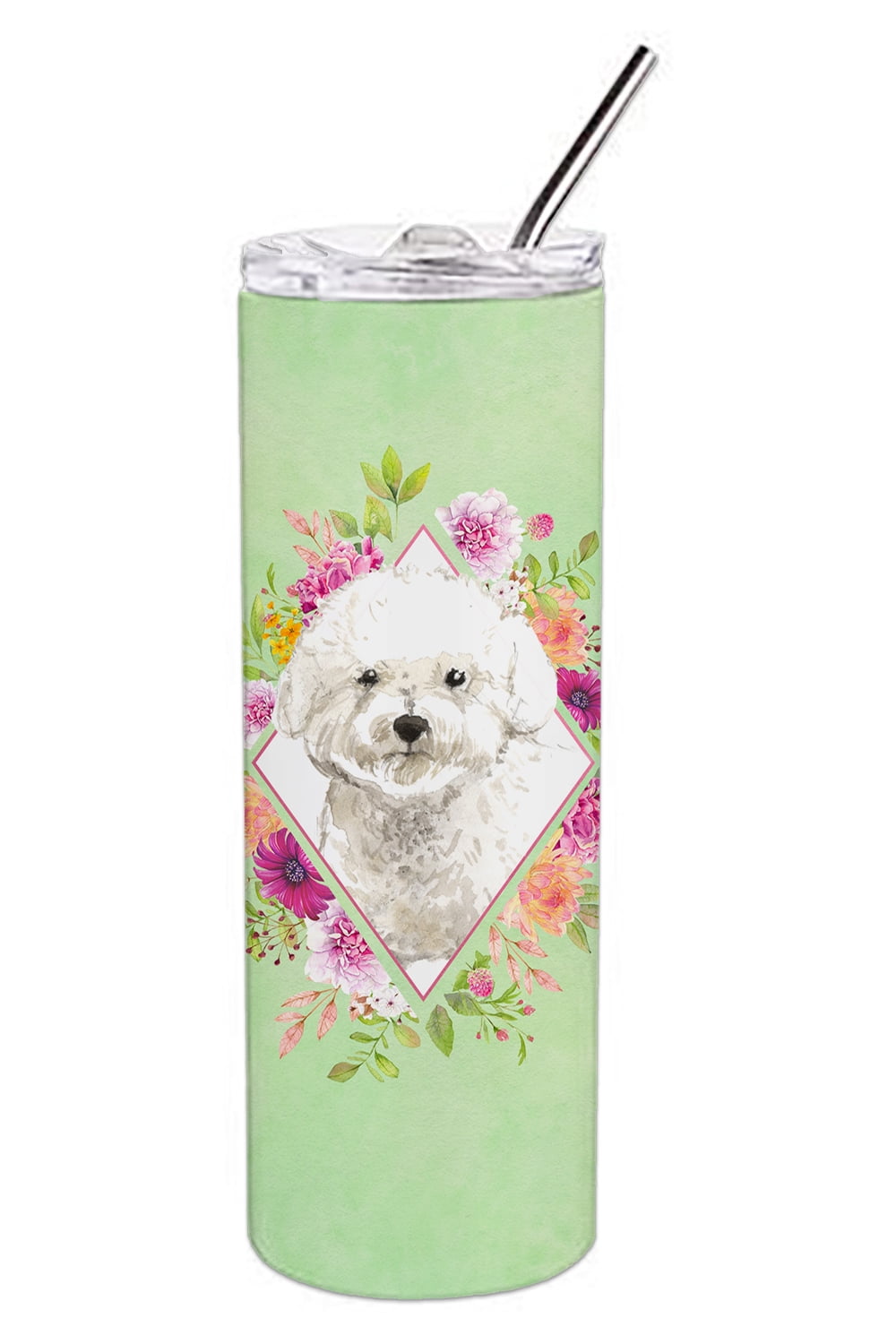Picture of Carolines Treasures CK4423TBL20 20 oz Bichon Frise Green Flowers Double Walled Stainless Steel Skinny Tumbler