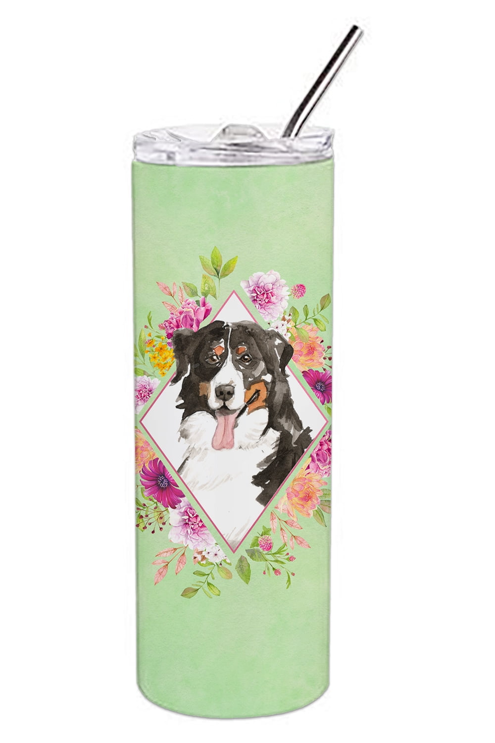 Picture of Carolines Treasures CK4424TBL20 20 oz Bernese Mountain Dog Green Flowers Double Walled Stainless Steel Skinny Tumbler