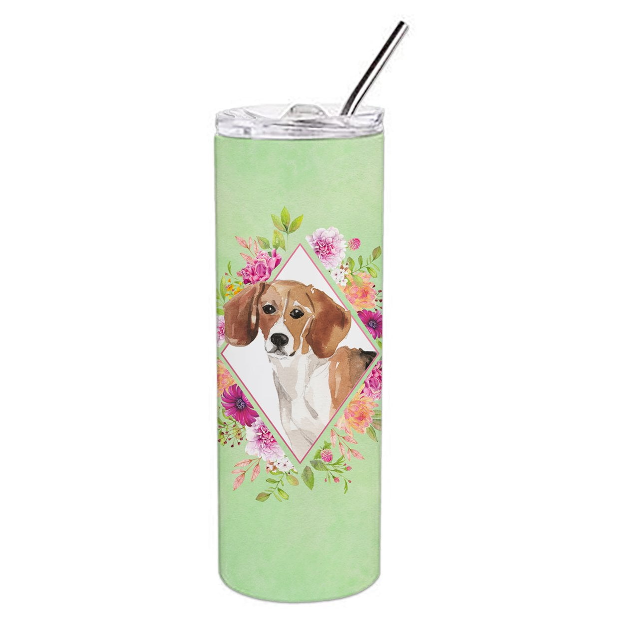 Picture of Carolines Treasures CK4425TBL20 20 oz Beagle Green Flowers Double Walled Stainless Steel Skinny Tumbler