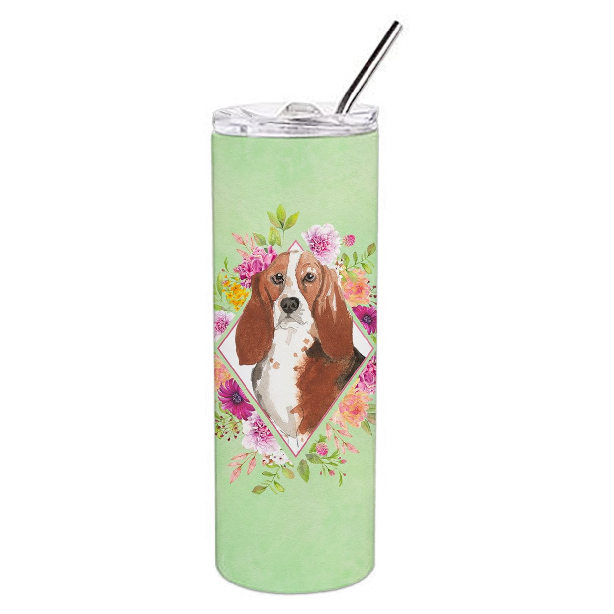 Picture of Carolines Treasures CK4426TBL20 20 oz Basset Hound Green Flowers Double Walled Stainless Steel Skinny Tumbler
