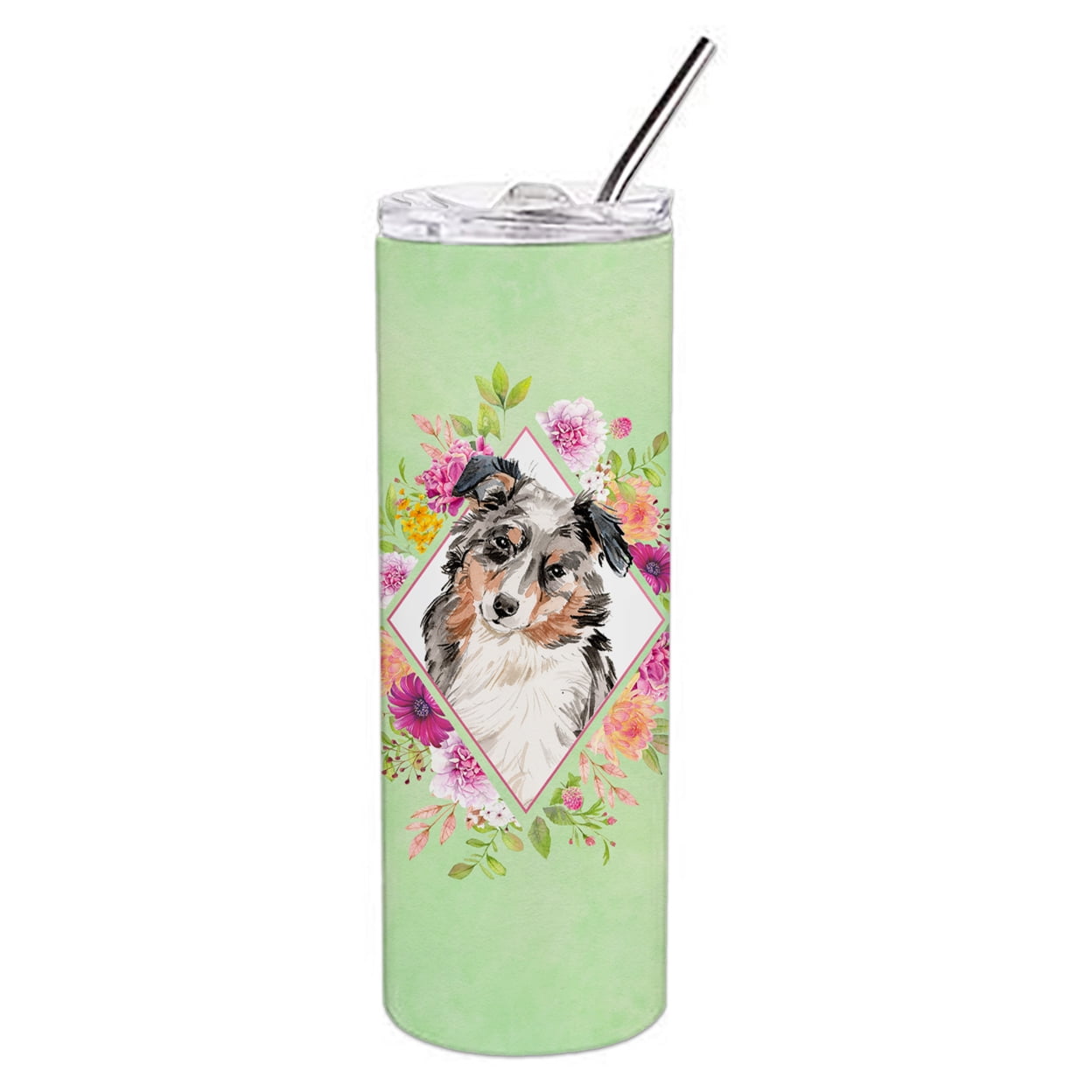 Picture of Carolines Treasures CK4427TBL20 20 oz Australian Shepherd Green Flowers Double Walled Stainless Steel Skinny Tumbler