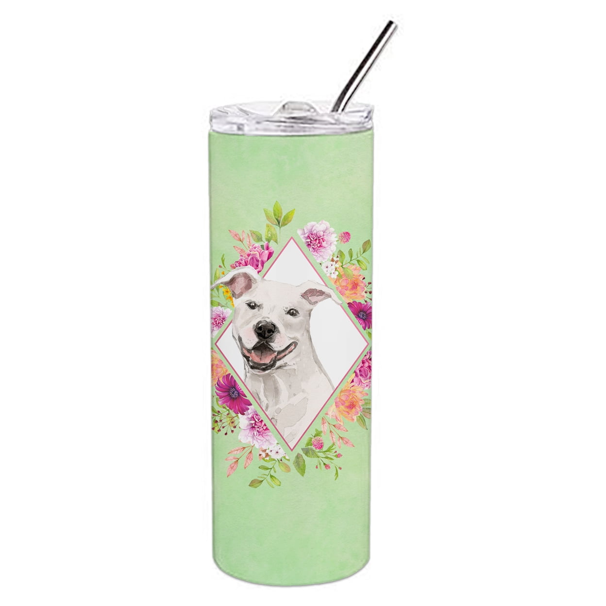 Picture of Carolines Treasures CK4428TBL20 20 oz White Pit Bull Terrier Green Flowers Double Walled Stainless Steel Skinny Tumbler