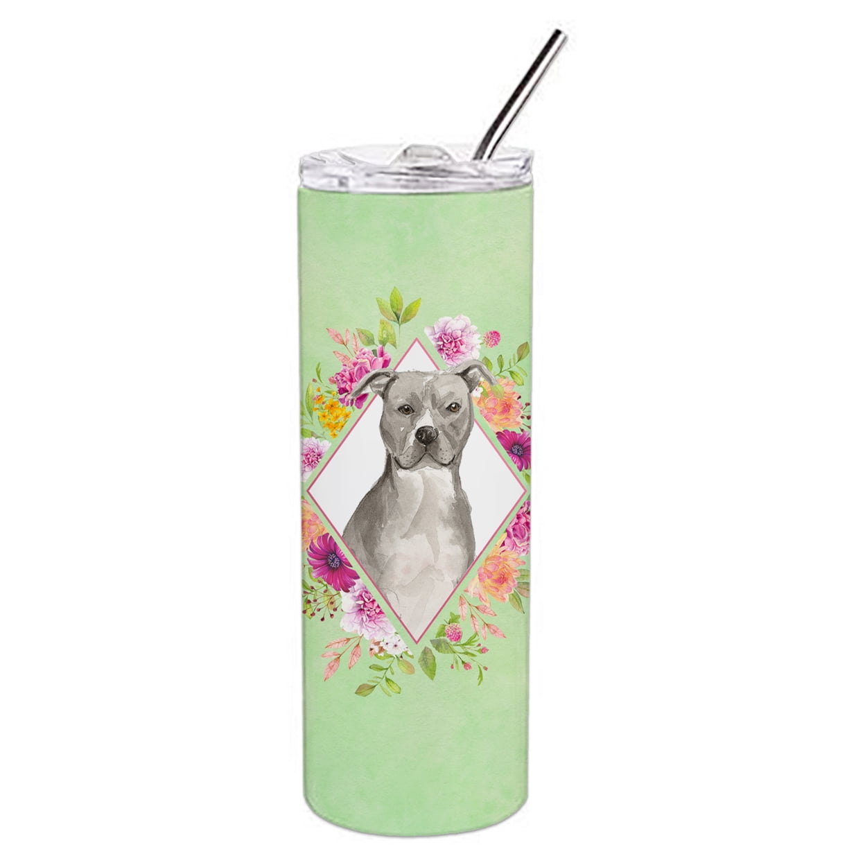 Picture of Carolines Treasures CK4429TBL20 20 oz Blue Pit Bull Terrier Green Flowers Double Walled Stainless Steel Skinny Tumbler