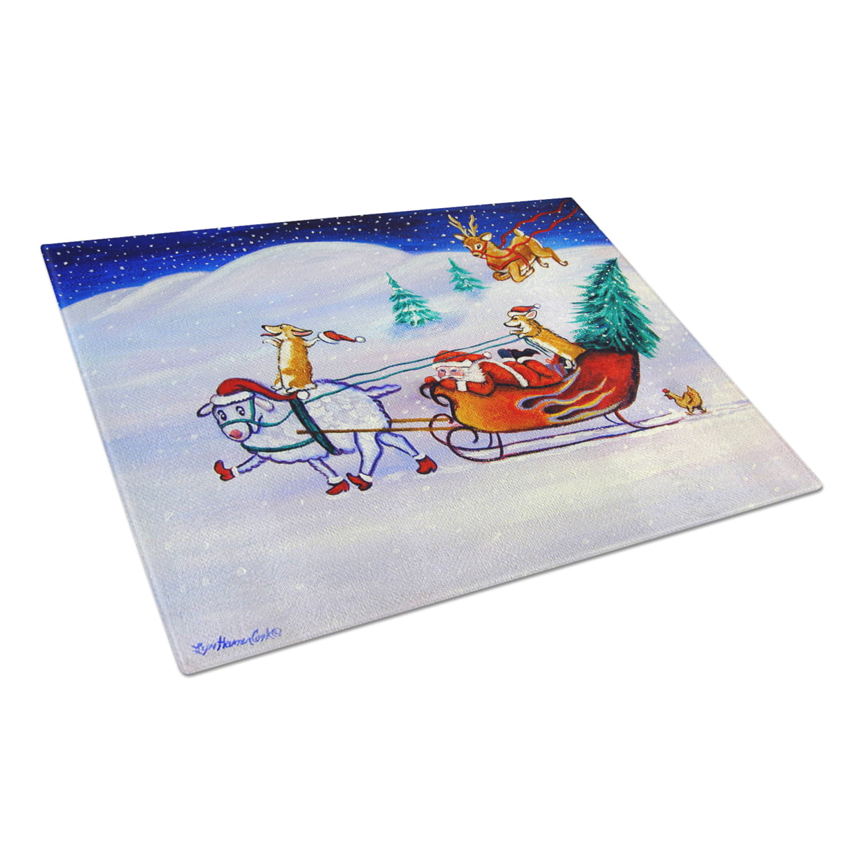 Picture of Carolines Treasures 7442LCB Corgi Highhacked Santa Claus Sleigh Glass Cutting Board - Large