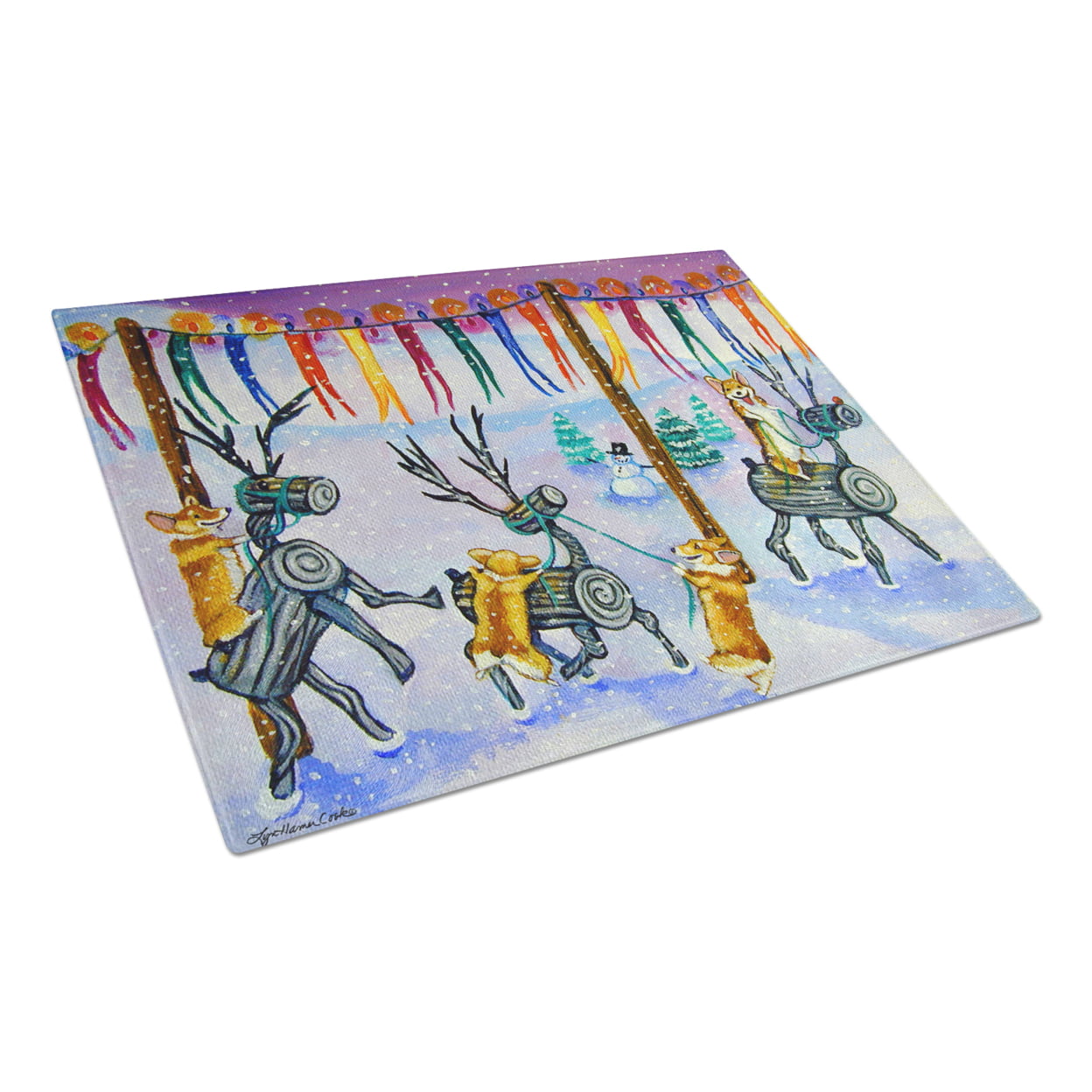 Picture of Carolines Treasures 7443LCB Corgi Log Reindeer Race Christmas Glass Cutting Board - Large