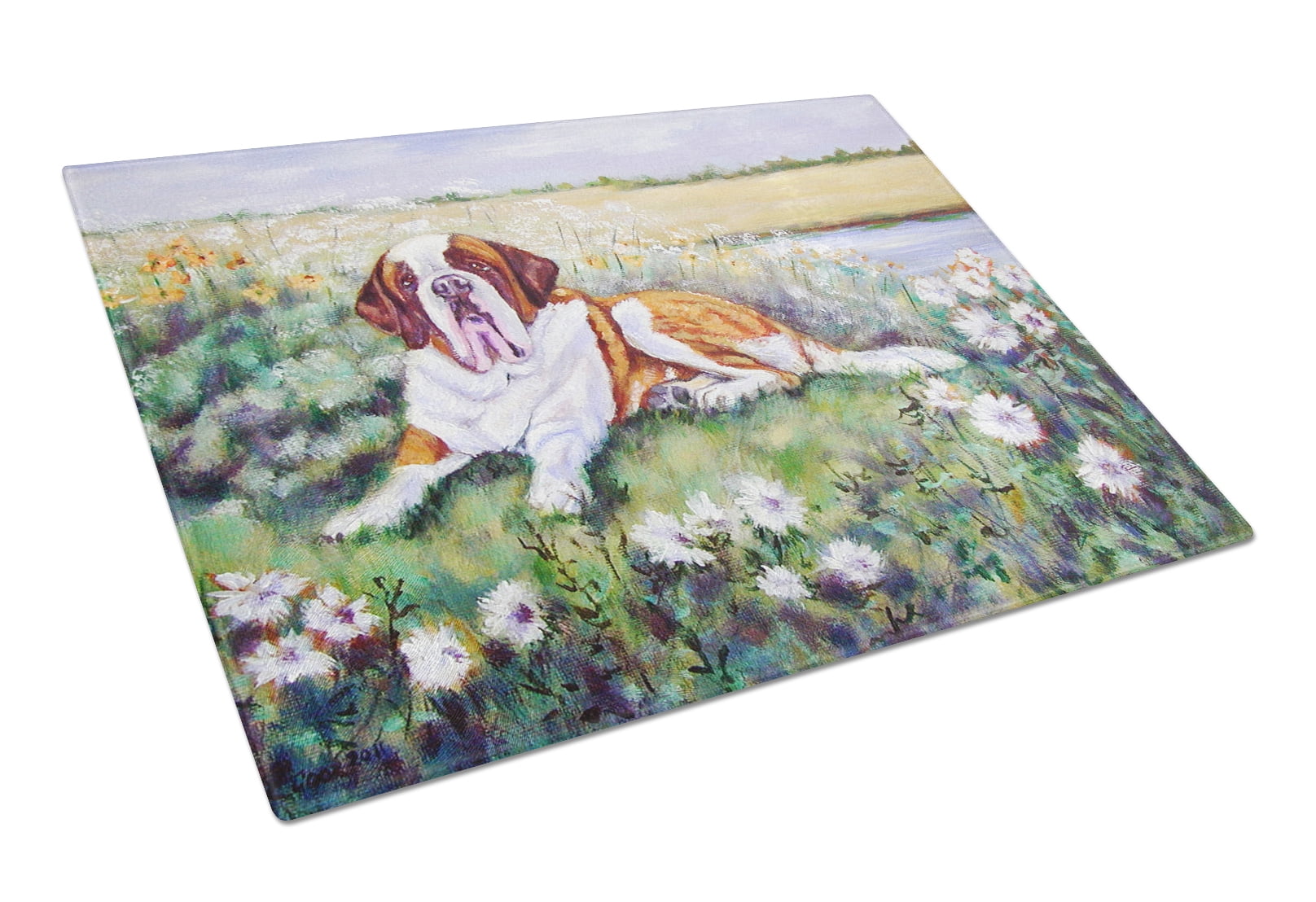 Picture of Carolines Treasures 7446LCB Saint Bernard in Flowers Glass Cutting Board - Large