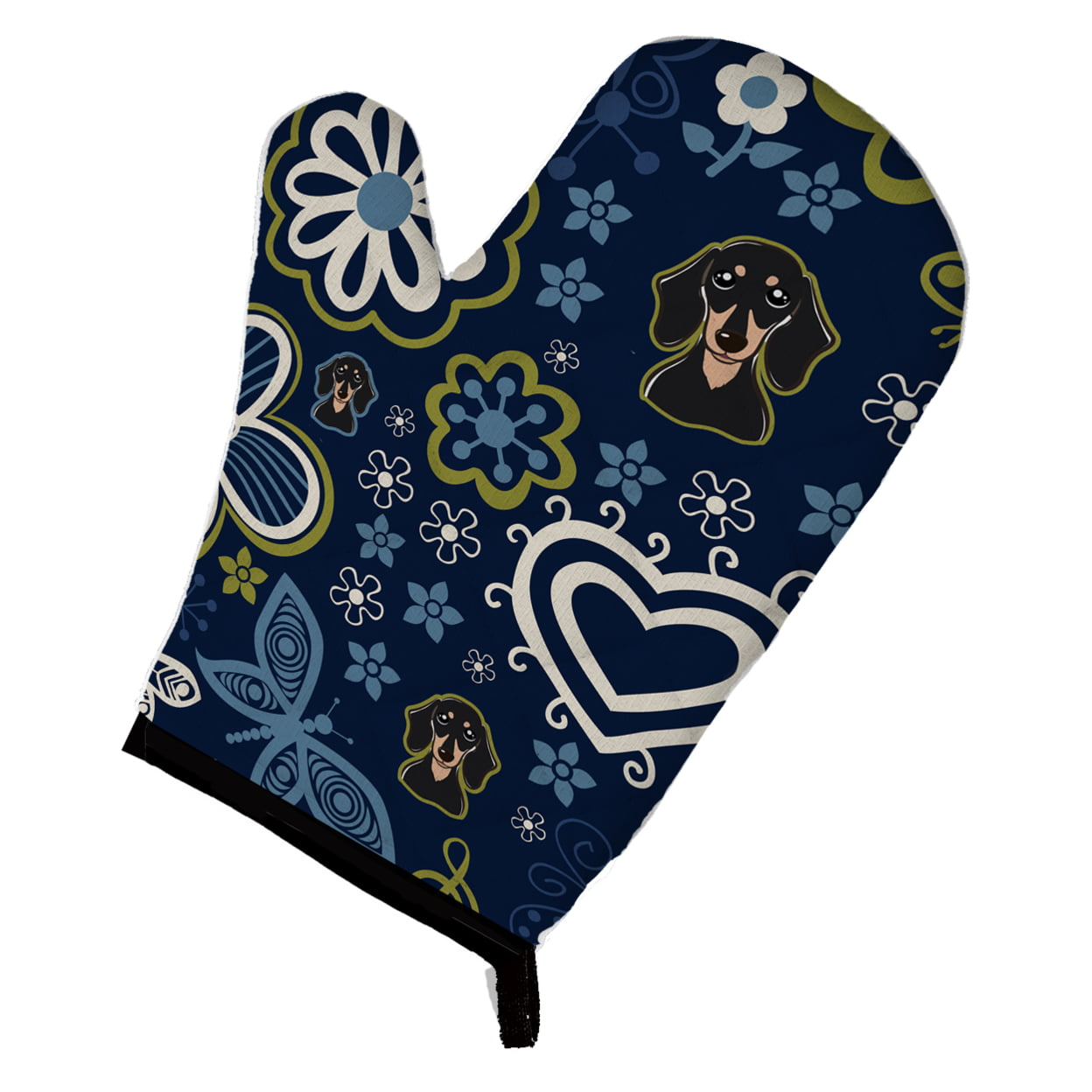 Picture of Carolines Treasures BB5066OVMT Blue Flowers Smooth Black & Tan Dachshund Oven Mitt