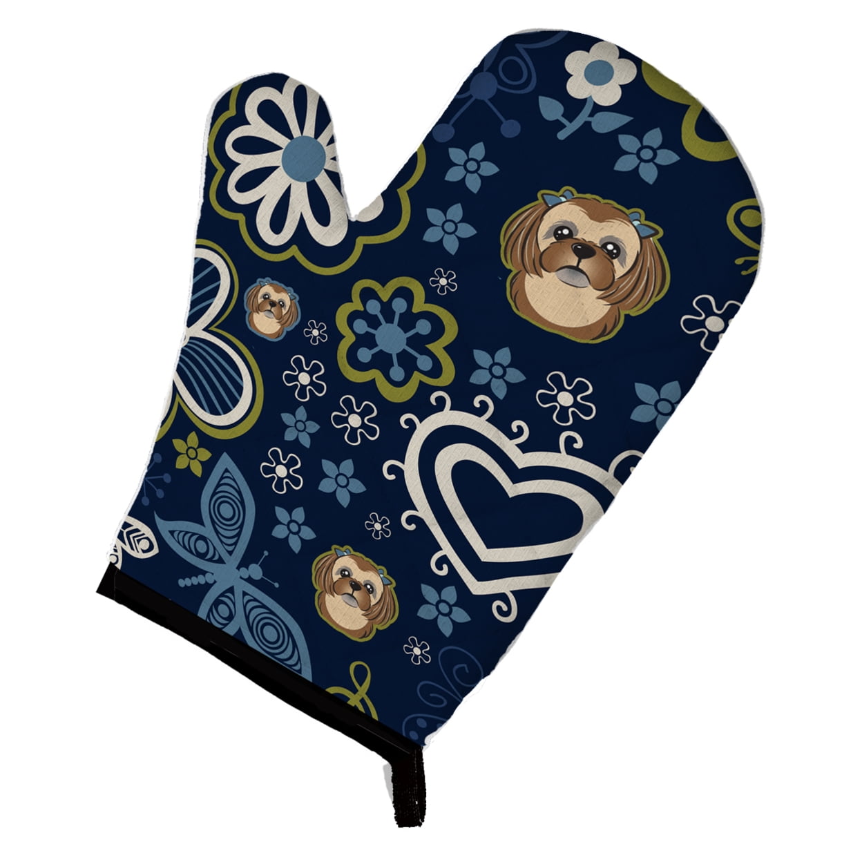 Picture of Carolines Treasures BB5100OVMT Blue Flowers Chocolate Brown Shih Tzu Oven Mitt