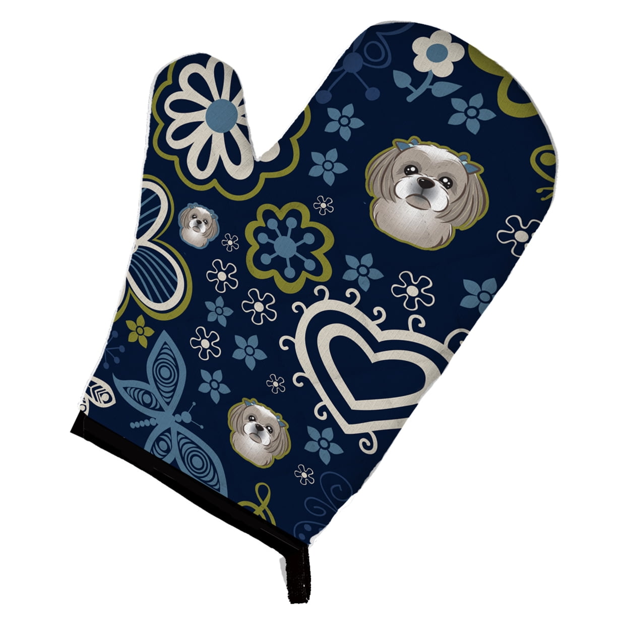 Picture of Carolines Treasures BB5101OVMT Blue Flowers Gray Silver Shih Tzu Oven Mitt