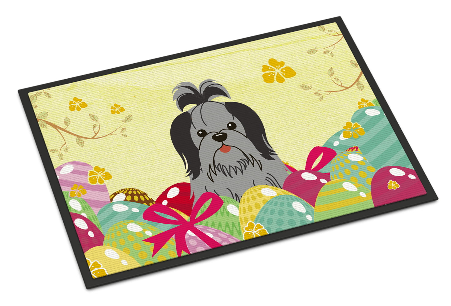 18 x 27 in. Easter Eggs Shih Tzu Black Silver Indoor or Outdoor Mat