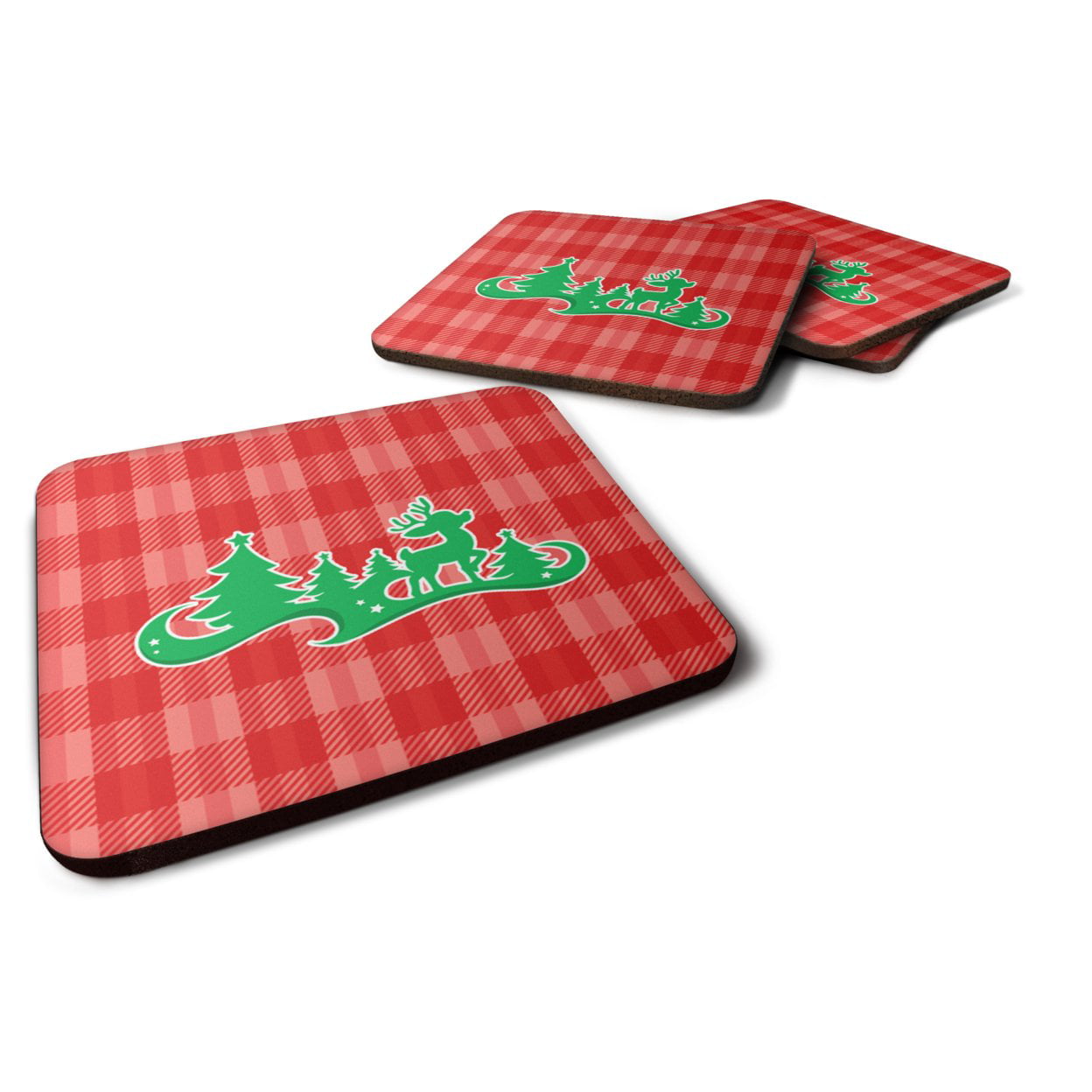 BB6972FC Christmas Tree Reindeer Red Foam Coasters - Set of 4