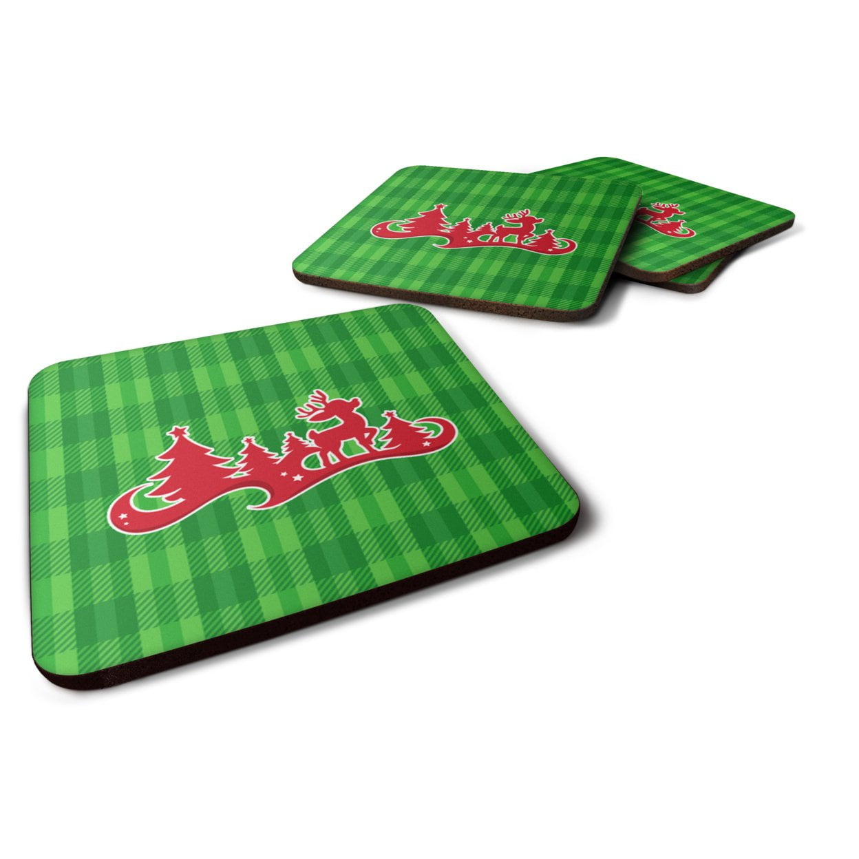 Christmas Tree Reindeer Green Foam Coasters - Set of 4