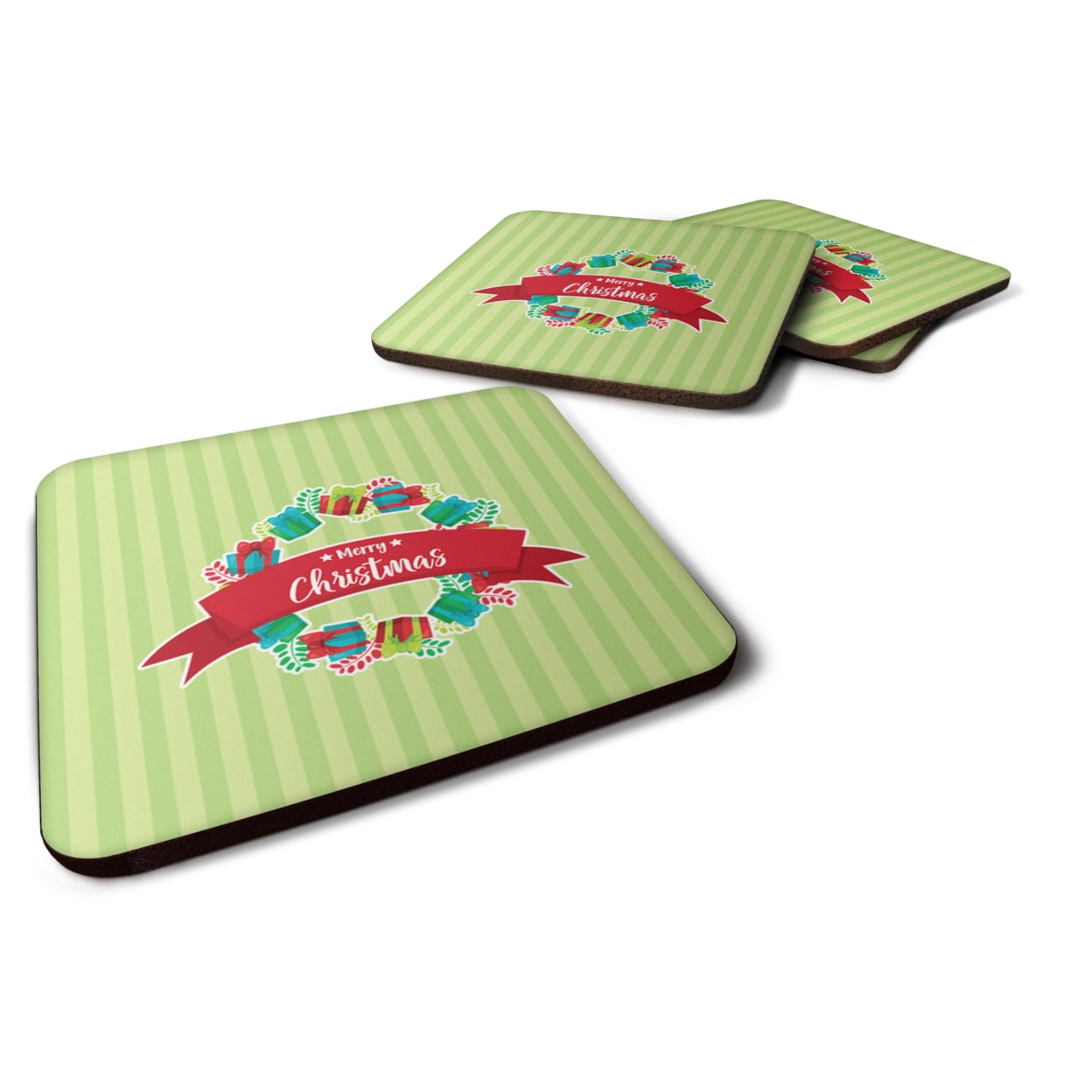 Christmas Wreath Presents Green Foam Coasters - Set of 4