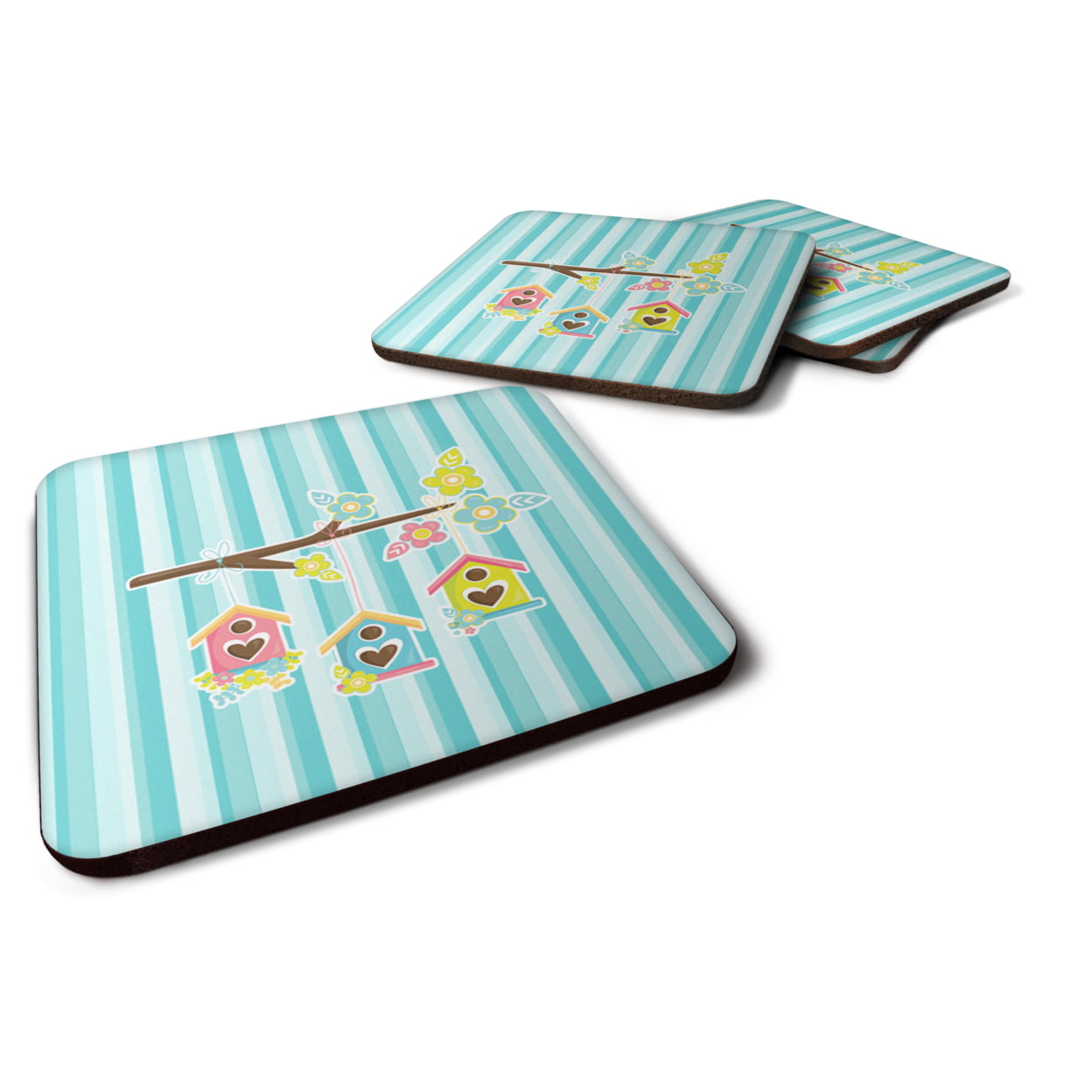 Birdhouses on Blue Stripes Foam Coasters - Set of 4