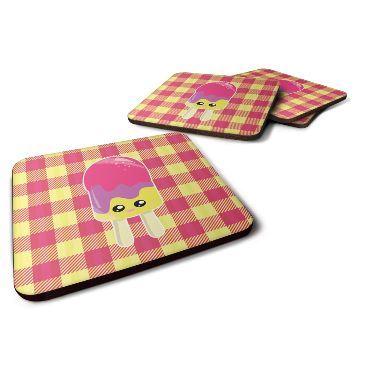 BB7068FC Ice Pop Popsicle Face Gingham Foam Coasters - Set of 4