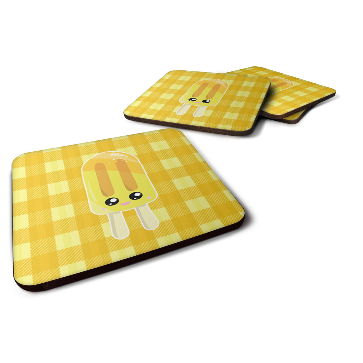 BB7069FC Ice Pop Popsicle Face Gingham Yellow Foam Coasters - Set of 4