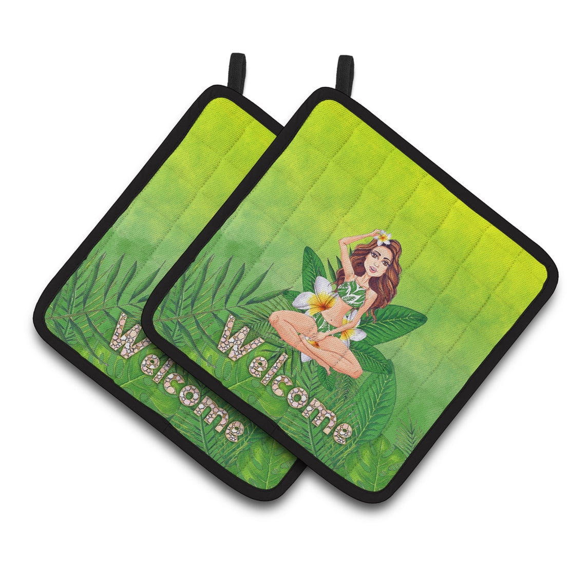 Welcome Lady in Bikini Summer Pair of Pot Holders