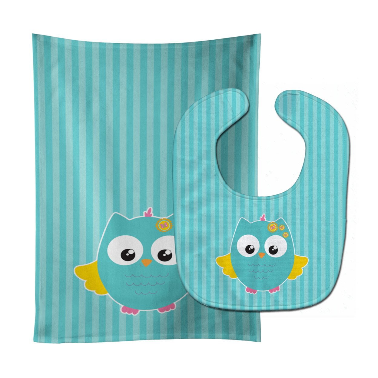 Owl & Blue Stripes Baby Bib & Burp Cloth