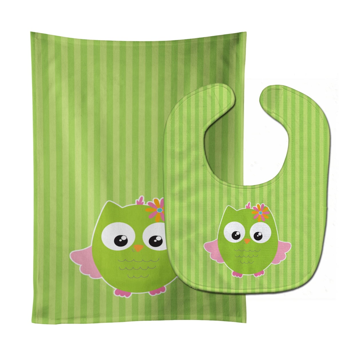 Owl & Green Stripes Baby Bib & Burp Cloth