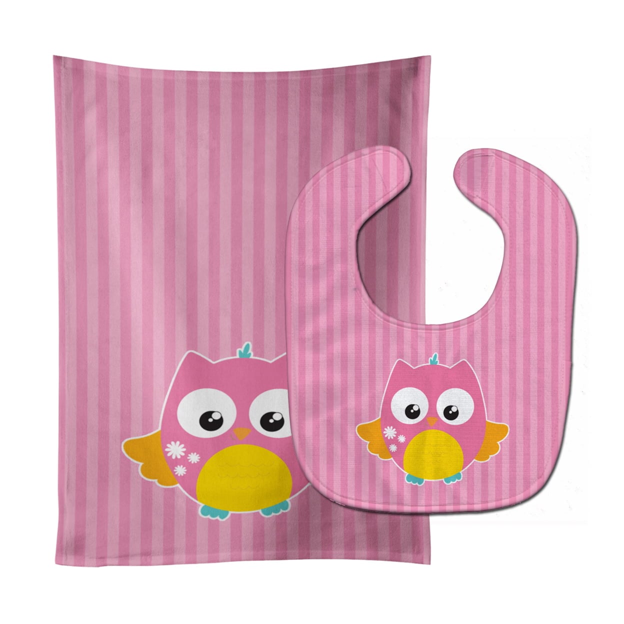 Owl & Pink Stripes Baby Bib & Burp Cloth
