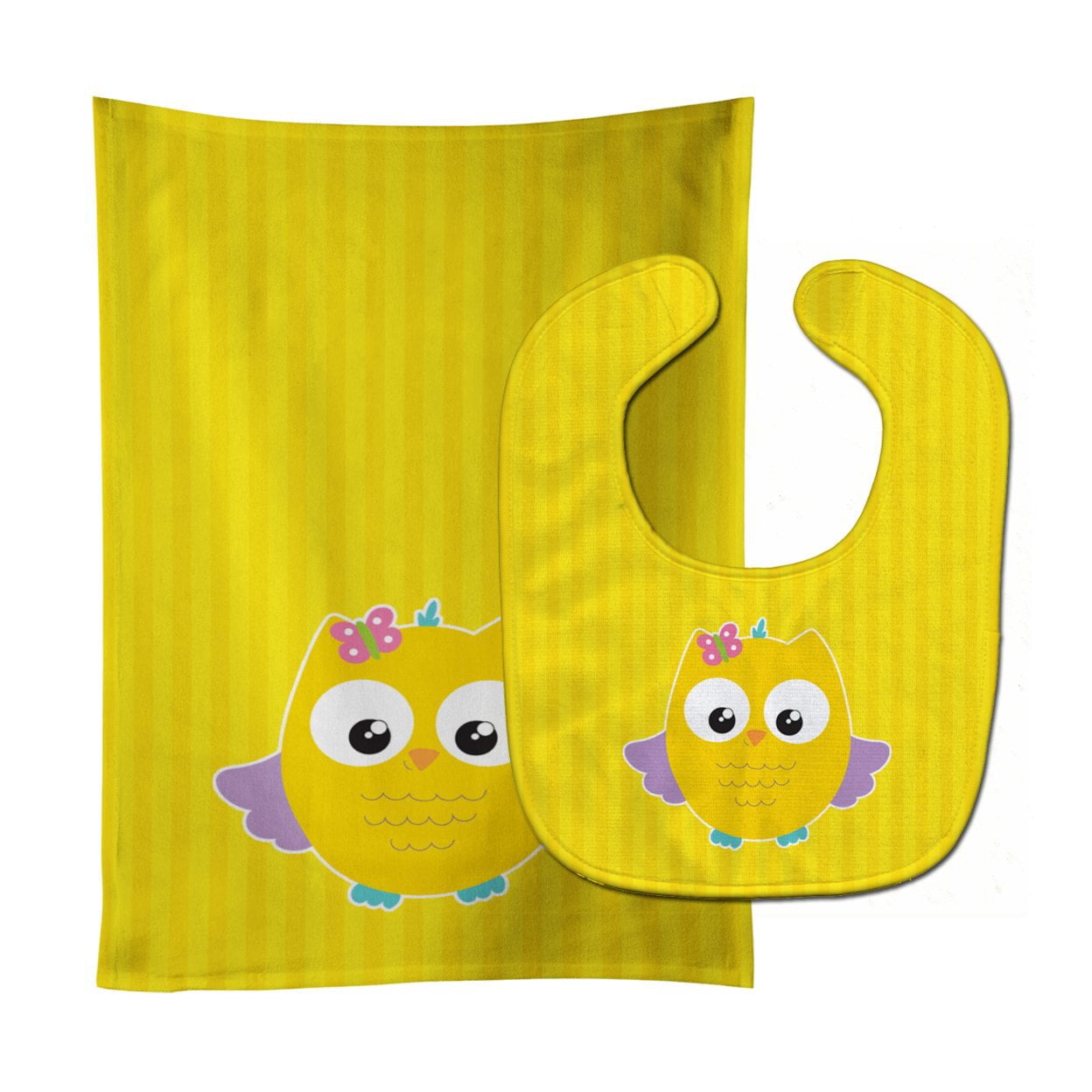 Owl & Yellow Stripes Baby Bib & Burp Cloth