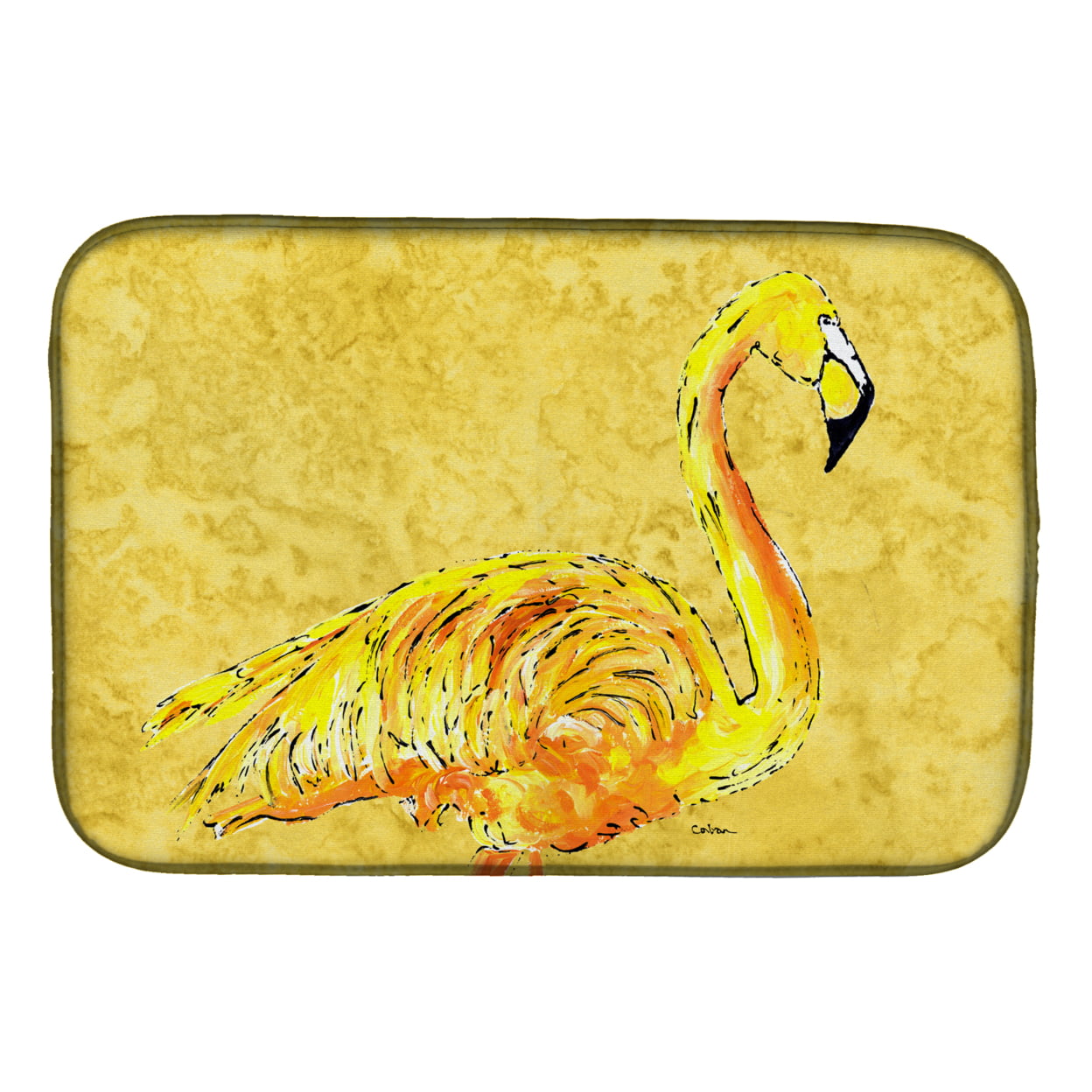 Flamingo on Yellow Dish Drying Mat