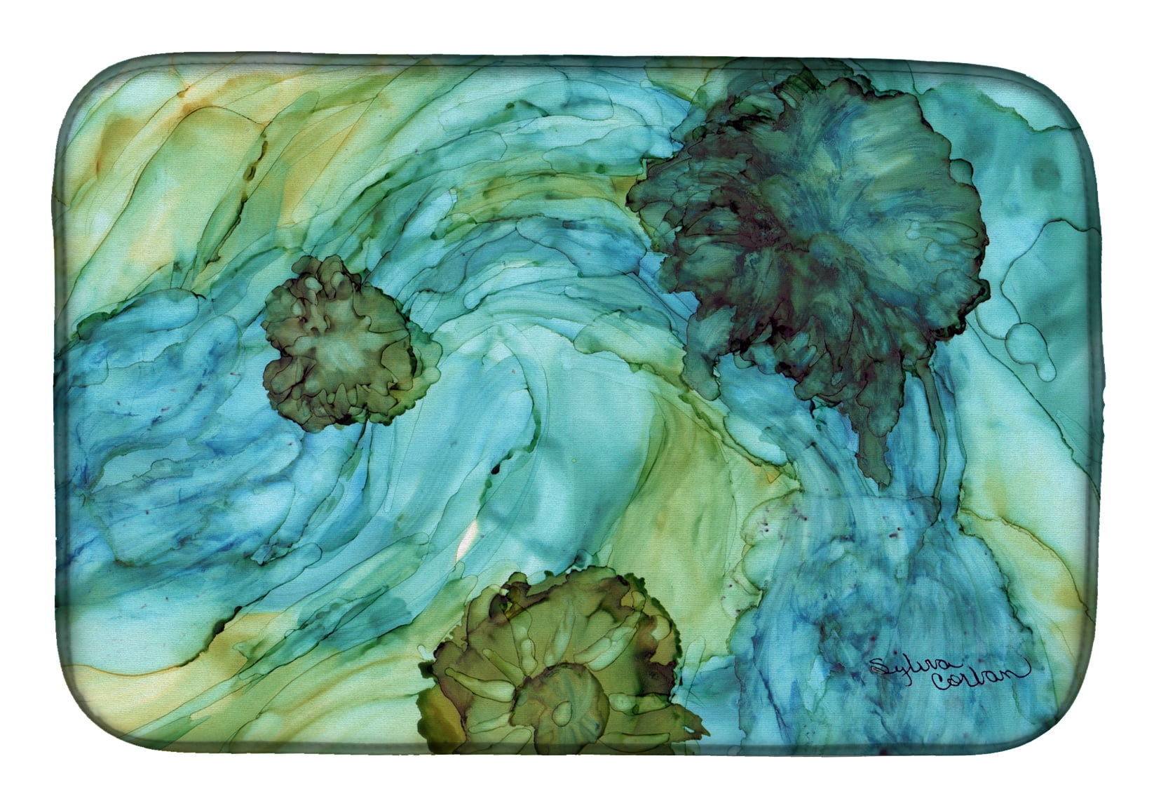 Abstract in Teal Flowers Dish Drying Mat