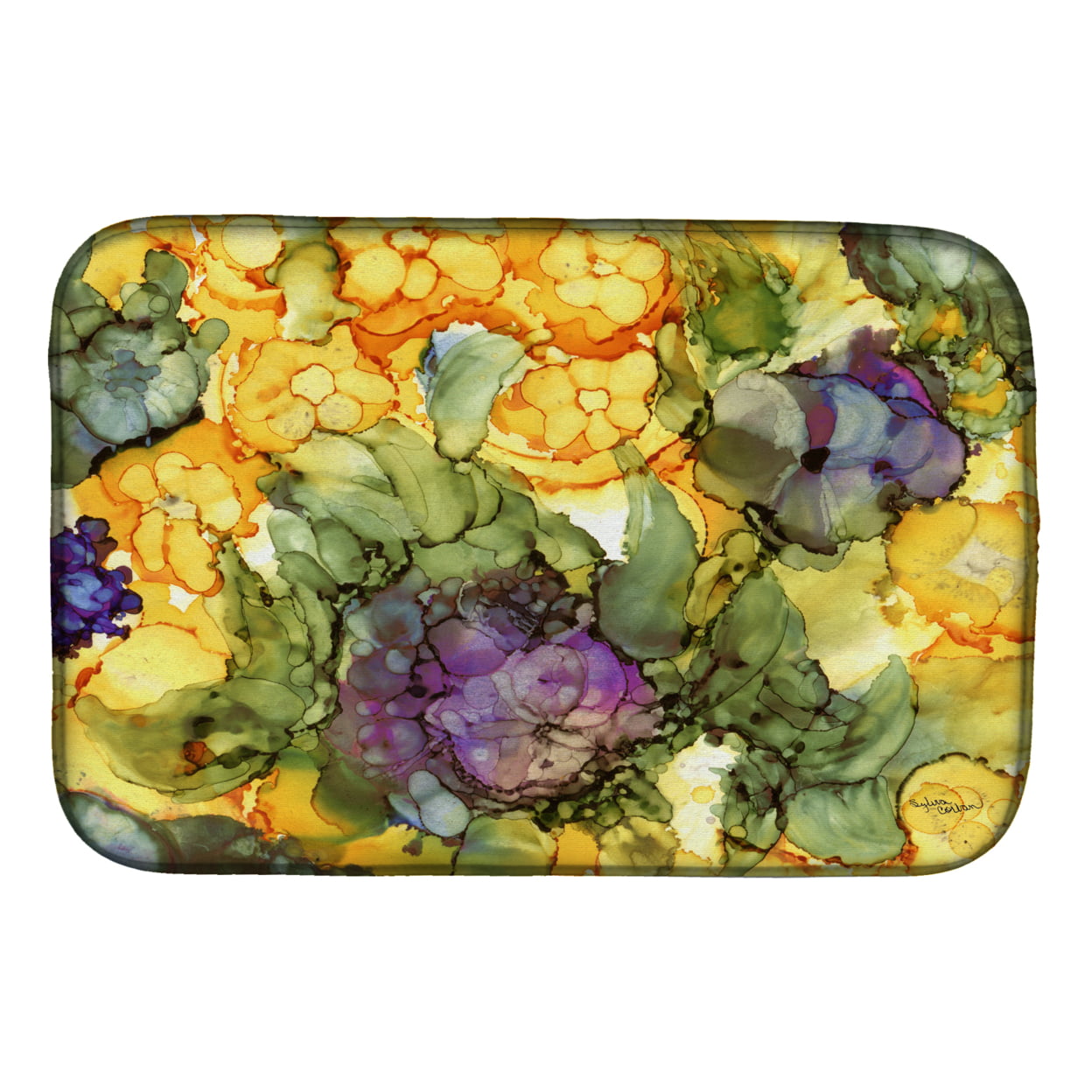 Abstract Flowers Purple & Yellow Dish Drying Mat